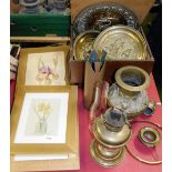 Various prints, oil lamp, brass wall plaques, slipper box, etc. (a quantity)