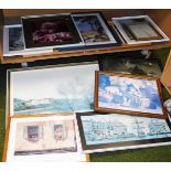 Various prints, pictures, frames, after Corat, figures before trees and building print, various othe