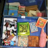 A tin trunk containing various bygones, collectables and effects, posie ornaments, Lawson Wood bookl