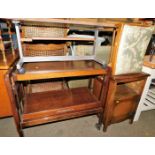 A retro teak side table, dinner wagon, 80cm high, 78cm wide, 37cm deep, stool and an oak pedestal ca