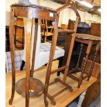 An early 20thC oak plant stand, 93cm high, 32cm diameter, gentleman's clothes hanger stand, an oak b