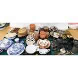 Various household china and effects, stoneware jars, silver plated muffin dish, brassware, pewter, v