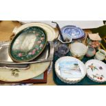 Various decorative trays, tin tray showing Chatsworth, blue and white china, Evesham pattern quiche