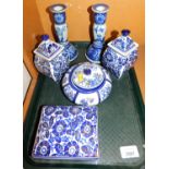 Various blue transfer printed wares, a pair of vases, blue and white pottery candlesticks, 18cm high