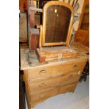 A Victorian toilet mirror, hanging shelf, and a chest of three long drawers, 81cm high, 92cm wide, 4