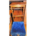 An oak barleytwist side table and an upholstered stool. (2)
