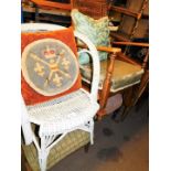 A Lloyd Loom style armchair, open armchairs, others with fixed seats with bergere backs, 61cm high,