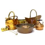 Miscellaneous metalware, to include two copper coal buckets, two handled pan, kettles, preserve