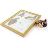 A Royal Crown Derby limited edition quail paperweight ornament, 451/4500, gilt stopper, printed