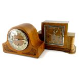 A mid 20thC walnut and parquetry mantle clock, the brass pressed movement stamped Norland, with