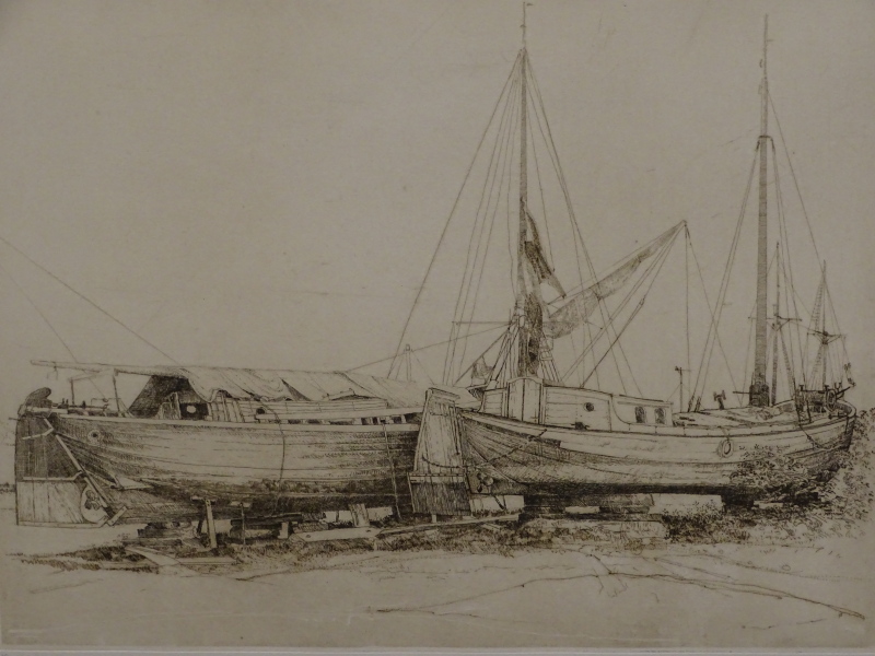 *Michael Chaplin (American). Two Dutch Barges, etching, first state Proof, 35cm x 45cm.