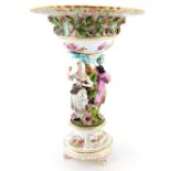 A Dresden porcelain centrepiece, the pierced bowl painted and applied with flowers, the column