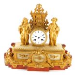 A late 19thC French gilt metal figural mantle clock, the white enamel dial with Roman numerals,