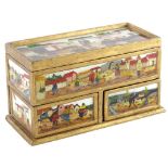 A Peruvian Alajero Penuano jewellery box, with glass panels each painted on the reverse with rural