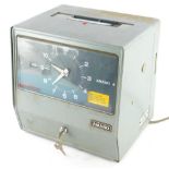 An Amano brand time recording clock, with silver painted metal case, plain numerals and electric