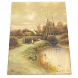 G Page. Country scene with village pond and lady beside a cottage etc., signed and dated lower