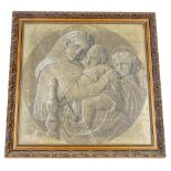 A 19thC beadwork panel depicting Madonna and child with attendant, in moulded frame, 61cm x 61cm