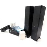 A Yamaha stacking system, natural sound receiver, RX-V461DAB, in black, 42cm wide, various speakers,