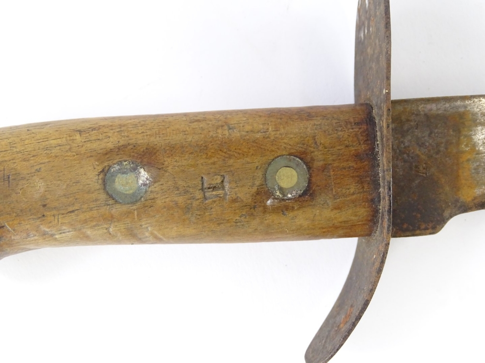 A continental short sword, with a curved blade and wooden handle, the blade indistinctly stamped - Image 3 of 4