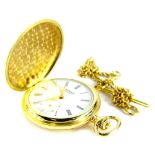 A Sewills of Liverpool 18ct gold hunter pocket watch, with white enamel dial, gold scrolling