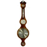 A wheel barometer and clock, by Comitti of London, in a mahogany, tulip wood, and ebony strung case,