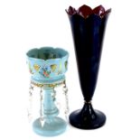 A Victorian blue opaque glass table lustre, with enamel decoration of flowers, fans, etc., 26cm