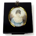 Early 19thC School. Portrait miniature lady, quarter profile, probably gouache, unsigned. (AF), 10cm