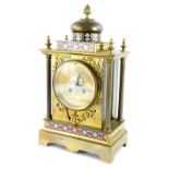 A late 19thC French brass and champleve enamel Arabic style mantel clock, the dial with blackened