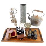 Various metalware, etc., Edwardian oak tray, a miners lamp of cylindrical form, marked Eccles 014,