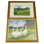 Judith Currie. Geese in a rural setting, oil on board, and a rural scene signed Marg. (2)