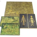 20thC Eastern School. A pair of oriental collage pictures, each embellished with brass coins and