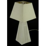 A Belleek Art Deco style table lamp base, with cream shade, 38cm high overall.