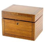 A satinwood and tulipwood crossbanded tea caddy, the hinged lid enclosing a velvet lined interior