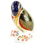 A Royal Crown Derby kingfisher with fish paperweight ornament, gilt stopper, printed marks