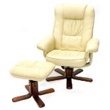 A Stressless type cream leather swivel armchair and matching stool.