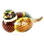 A Royal Crown Derby Collectors Guild woodland pheasant paperweight ornament, gilt stopper, printed