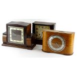 Three oak mantle clocks, to include an Art Deco shaped example with chrome plated bezel, another