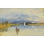 E.C.S. (19thC). Lake scene with rowing boat and sailing boat, watercolour, initialled and dated (