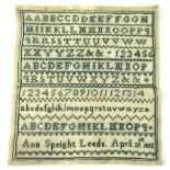 A George III alphabetic and numeric sampler, by Ann Speight Leeds, dated April 21st 1812, in