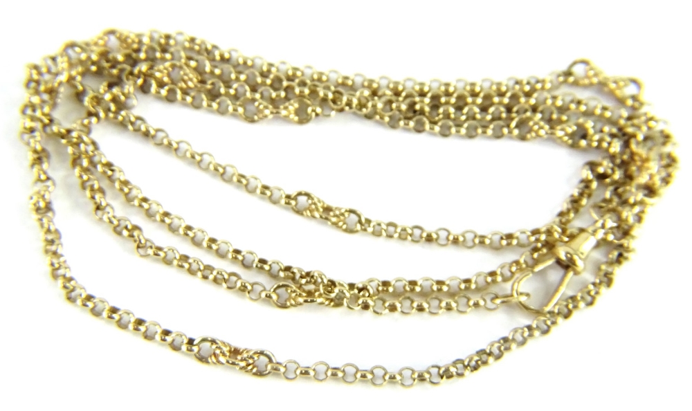 A 9ct gold longuard chain, with belcher links and larger modern twist/cross link breaks, with single