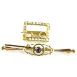 Two Victorian brooches, comprising a 9ct gold amethyst set bar brooch, 5cm wide, and a seed pearl