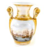 A late 19thC Paris porcelain two handled vase, decorated with a scene of ships at harbour, on a gilt