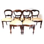 A set of six Victorian mahogany balloon back chairs, each with a drop in seat and a carved back,