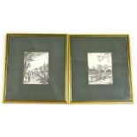 Engt. River scene with bridge and barges, and another similar, tinted prints, 17cm x 12cm.