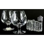 A pair of Waterford crystal brandy goblets, in fitted case, and a Waterford crystal model of a