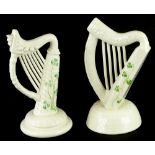 A Donegal Belleek harp, decorated with shamrocks and another harp. (2)