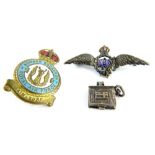RAF related jewellery, comprising a silver and enamel RAF wings brooch, a Bomber Squadron pin and