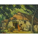 •G.D. Paulraj (1914-1989). Washer women outside tribal dwelling, oil on canvas, signed, 51cm x