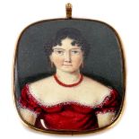 19thC School. Portrait miniature of a lady, quarter profile, gouache, unsigned, 9cm x 8cm.