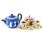 A Wedgwood dark blue Jasperware teapot, a Spode Imari pattern preserve jar and cover with silver